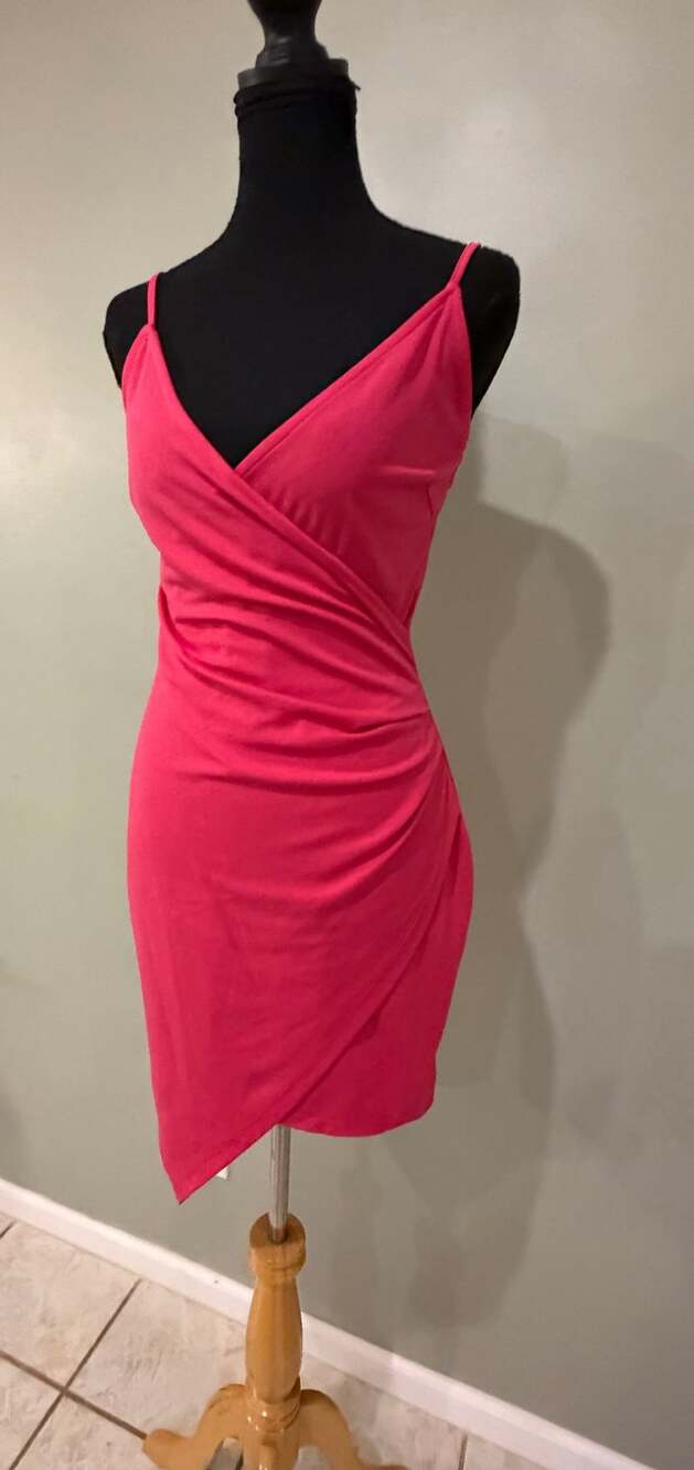 Hot Pink Asymmetrical Wrap Bodycon Mini Dress with Spaghetti Straps